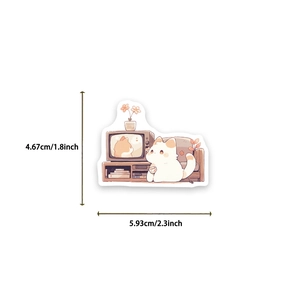 Detailed view of a cartoon white cat sticker with retro TV and dimensions shown
