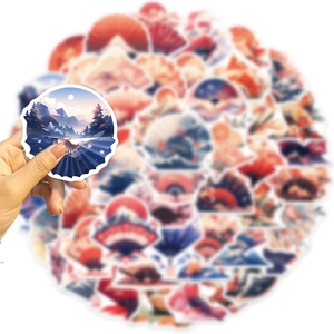 Detail shot of Japanese fan stickers showing Mt Fuji and ukiyo-e landscapes for DIY decor