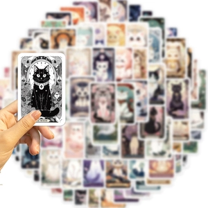 Black cat The Moon tarot sticker for guitar or laptop with artistic doodle illustration