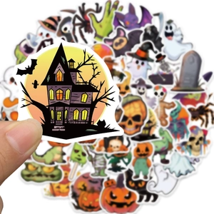 50pcs waterproof Halloween cartoon stickers set with pumpkin and ghost designs for DIY decor