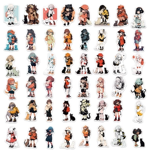 Lot de 48 autocollants étanches fille anime et chat pour déco ordinateur et guitare