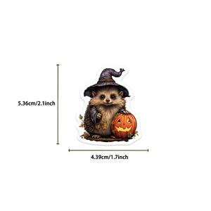 Detailed view of hedgehog sticker with witch hat and pumpkin, size 5.36cm x 4.39cm