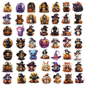 Detailed grid view of 49 unique Halloween cartoon animal waterproof stickers