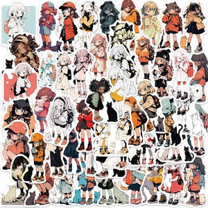 Autocollants PVC Imperméables Fille Anime Et Chat Pour Ordinateur Bagages Guitare DIY Graffiti Dessin Animé Décalcomanies