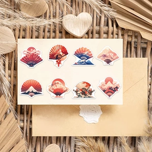 Close-up of 8 Japanese-style waterproof stickers featuring Mt. Fuji and fan designs