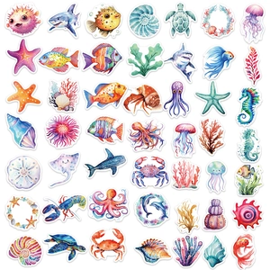 50pcs colorful watercolor sea animal stickers for laptop guitar and luggage decoration