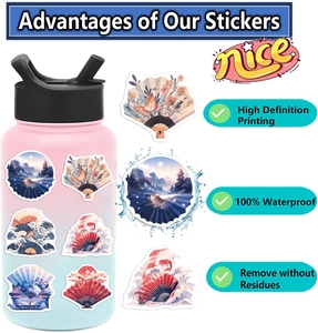 Waterproof Japanese fan stickers with floral patterns on a blue gradient bottle