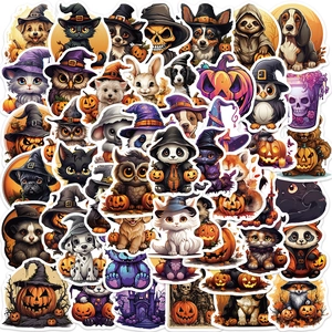 Detailed close-up of various cute animal Halloween stickers with pumpkins and magic hats