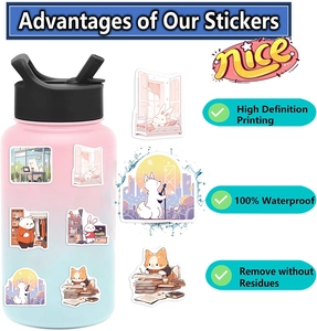 Waterproof cartoon animal stickers on a gradient water bottle showing HD print details