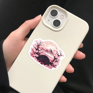 Japanese style sticker with Mount Fuji and cherry blossoms on a beige phone case