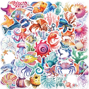 50 pieces of colorful watercolor marine animal stickers for guitars and laptops