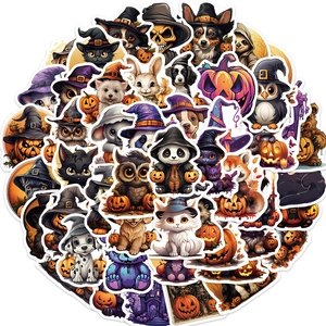 Flat lay of Halloween animal stickers featuring pumpkins, witch hats, and ghosts