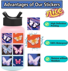 Waterproof butterfly stickers on a water bottle showing high definition printing details