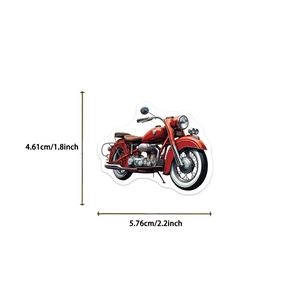 Dimensions détaillées d'un autocollant de moto vintage rouge montrant 5,76cm x 4,61cm