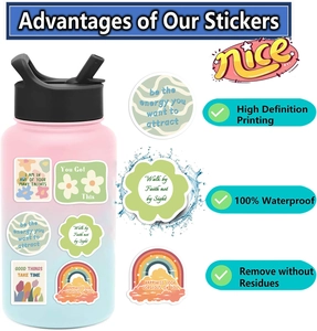 Waterproof motivational stickers shown applied on a gradient water bottle with high-definition print