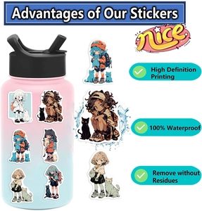 Autocollants imperméables fille anime et chat avec impression HD sur une bouteille d'eau
