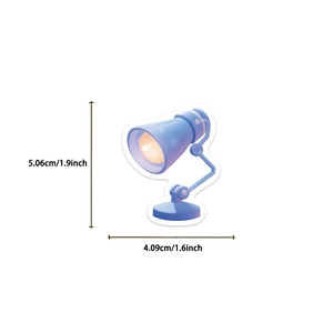 Macro view of blue lamp 3D sticker showing precise dimensions of 1.9 x 1.6 inches