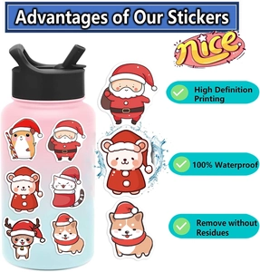 Macro shot of waterproof Christmas animal stickers showing durability on water bottle