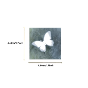 Close-up of psychedelic butterfly sticker with dimensions of 4.44cm square size