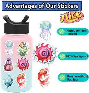 Waterproof sea animal stickers on a gradient bottle showing vivid hand-painted details