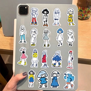 Waterproof cartoon girl stickers shown as decorative DIY decals on a tablet surface