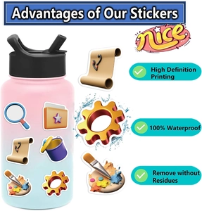 Waterproof 3D tool stickers on a gradient bottle featuring icons like gears and folders