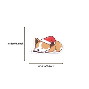 Detailed size specifications for a sleeping Corgi Christmas sticker, 6.14cm by 3.48cm