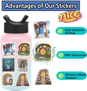 50pcs waterproof floral door and cat stickers shown on water bottle with clear HD printing