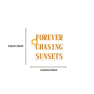 Detail view of sunset chasing sticker with 4.9cm by 6.25cm dimension measurements