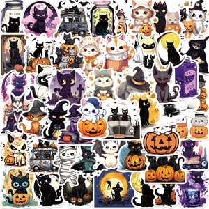 Halloween Cat Stickers Waterproof PVC DIY Decals For Laptop Guitar Suitcase Cartoon Witch Pumpkin Cat Decorative Stickers