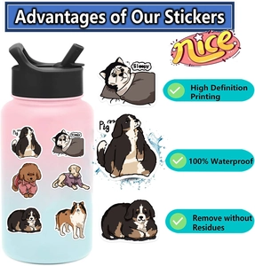 Close-up of waterproof cartoon dog stickers applied on a gradient sports water bottle
