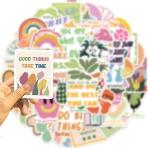 Detail of matte Danish pastel sticker with Good Things Take Time quote and tulips