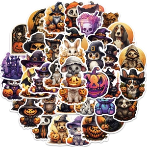 Set of 50 waterproof cartoon Halloween stickers with cute animals and pumpkins