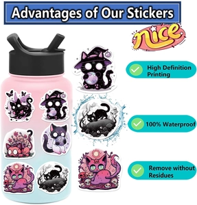 Waterproof cartoon cat stickers on water bottle showing high definition printing details