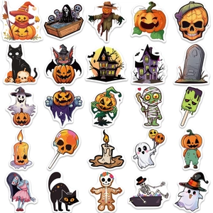 50pcs waterproof Halloween cartoon stickers set with pumpkin, ghost, and cat designs