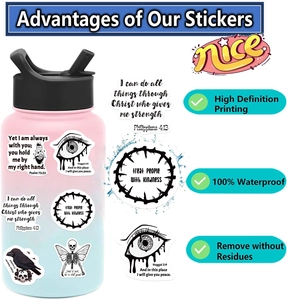 Bible verse stickers on a water bottle with waterproof and residue-free features