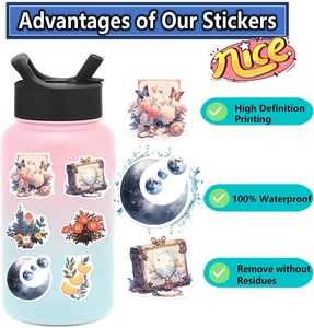 Detail showing waterproof floral stickers on a bottle with HD printing quality and no residue