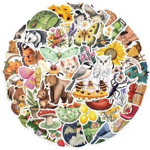 Pack of 50 cartoon mystery forest stickers featuring animals and plants for laptop decor