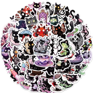 Detailed view of assorted waterproof cartoon black cat stickers with magic and fantasy themes