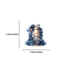 Detail view of 5.76cm square sticker with fantasy glowing jar and butterfly artwork