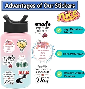 Waterproof Spanish Bible verse stickers applied to a water bottle with macro details
