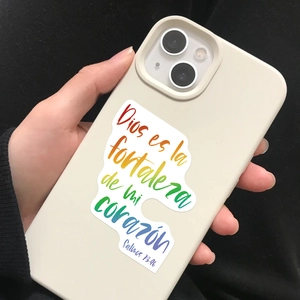 Detail of off-white phone case with Spanish Bible verse sticker Dios es la fortaleza