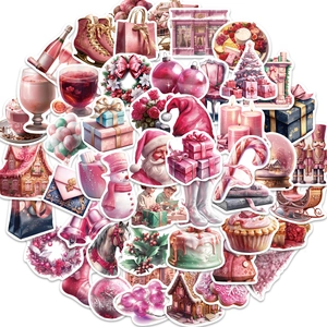 50pcs cute pink Christmas stickers for decorating laptop, guitar, and luggage DIY crafts