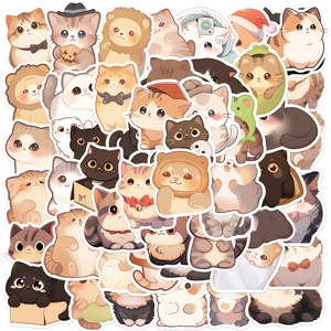 Close-up of waterproof cartoon cat stickers with various breeds and creative costumes