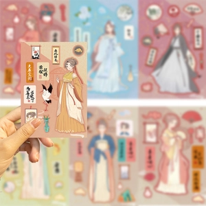 Detail of vintage Chinese style girl stickers with matte finish for DIY journal decoration