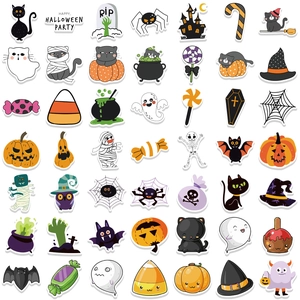 Pack of 100 Halloween waterproof PVC stickers with pumpkins ghosts and black cats