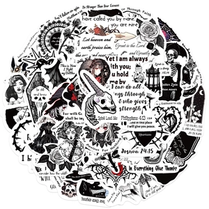 Detailed view of Gothic Bible verse and skull graffiti stickers for DIY decoration