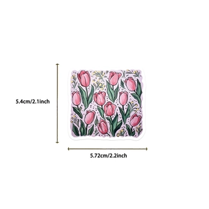 Detail view of a pink tulip sticker with size dimensions 5.4cm by 5.72cm on white background