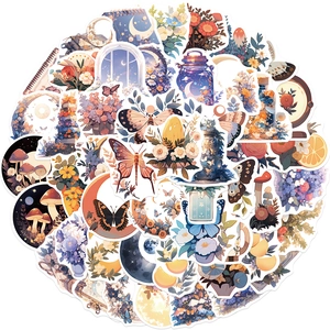 50pcs waterproof floral and moon vinyl stickers for laptops, guitars and luggage DIY decor