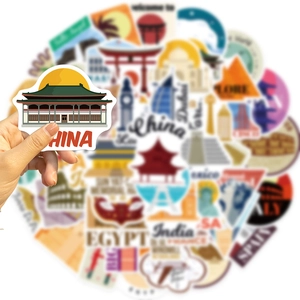 Vista dettagliata di adesivi impermeabili dei monumenti cinesi per valigie e laptop